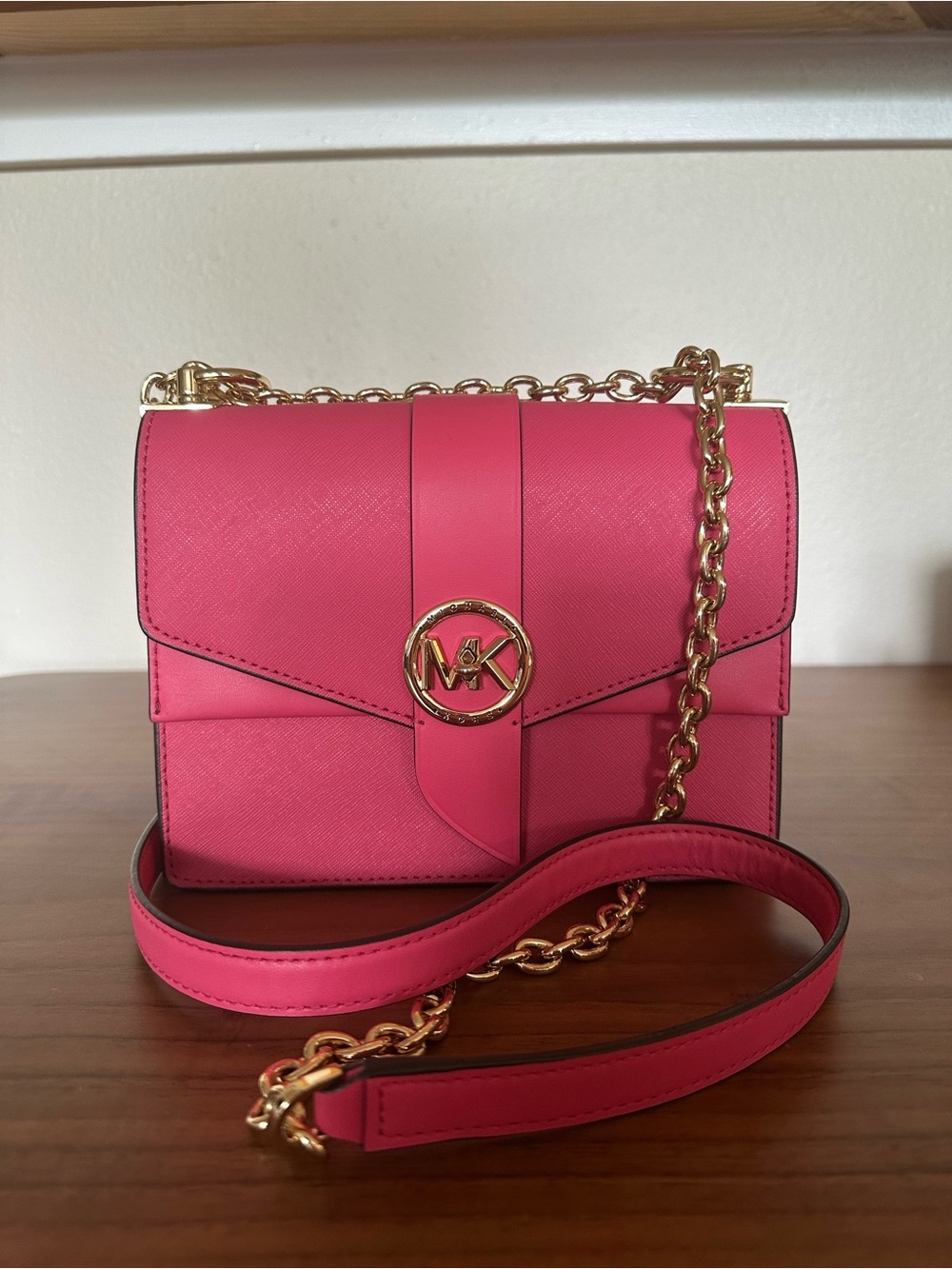 Michael Kors Greenwich HibiscusHot Pink Saffiano Leather Crossbody w/ Gold Chain